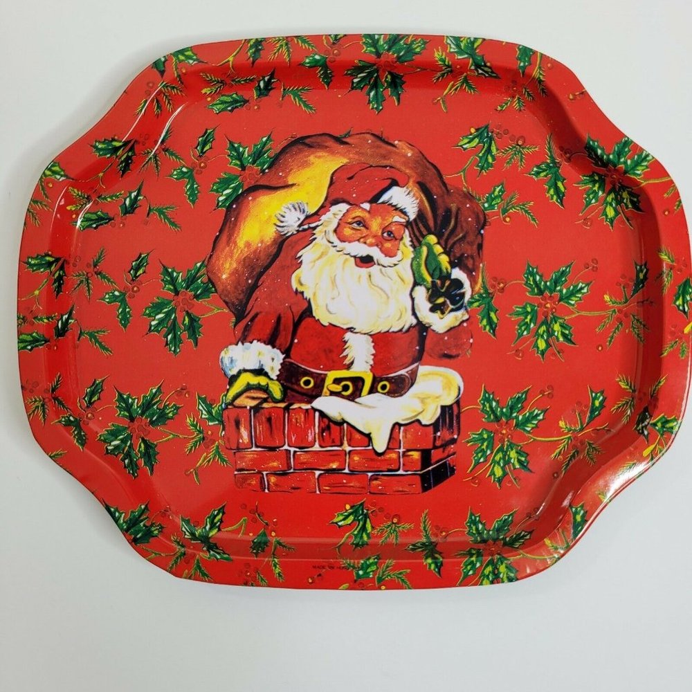 Vtg Tin Christmas Tray Santa in the Chimney Red 7.5" x 6"  Made in Hong …